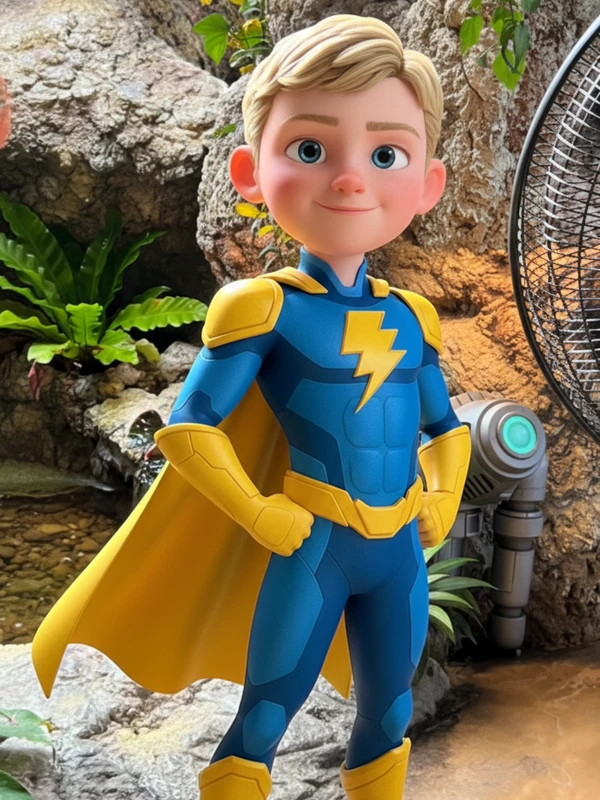Young superhero character kept consistent across AI video scenes
