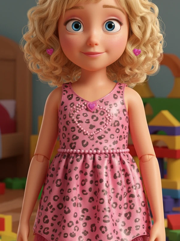 Doll character with curly blonde hair and pink dress