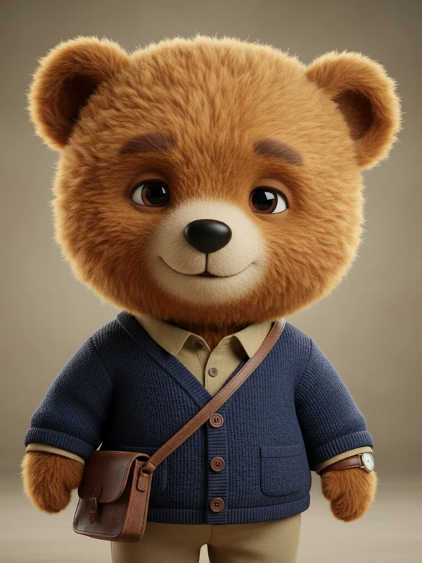Teddy bear character in knitted cardigan for an AI short film