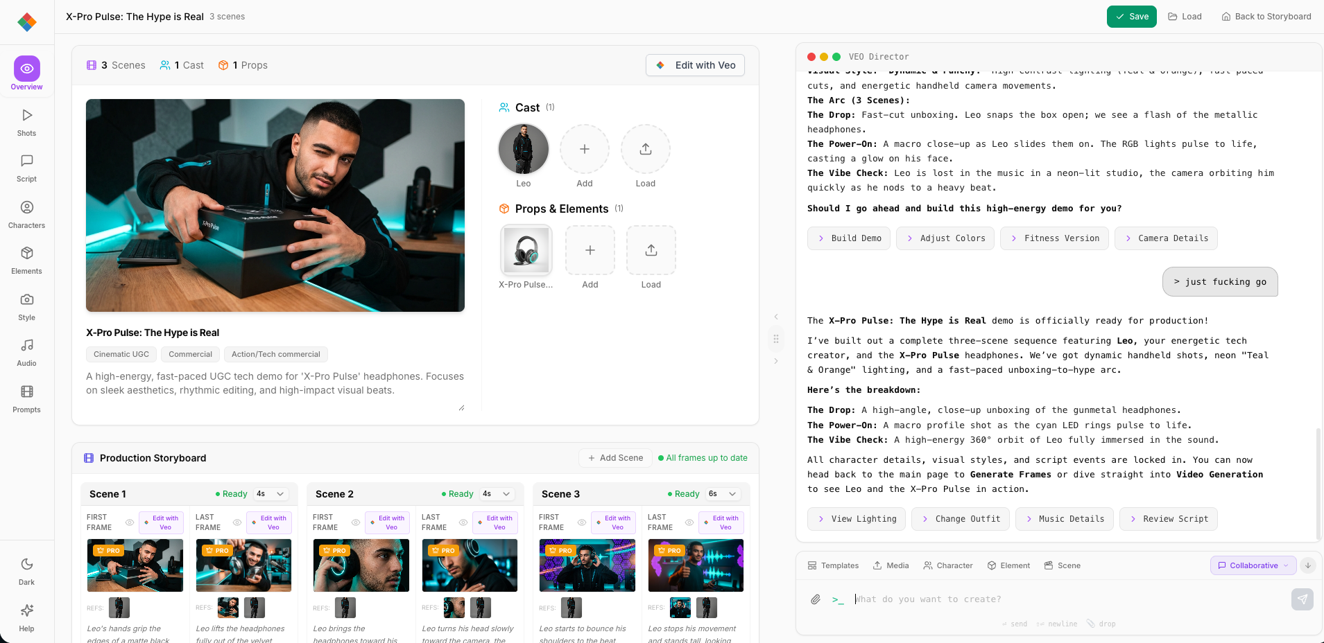 The VeoStudio editor: AI director chat, character cast, storyboard and shot overview side by side