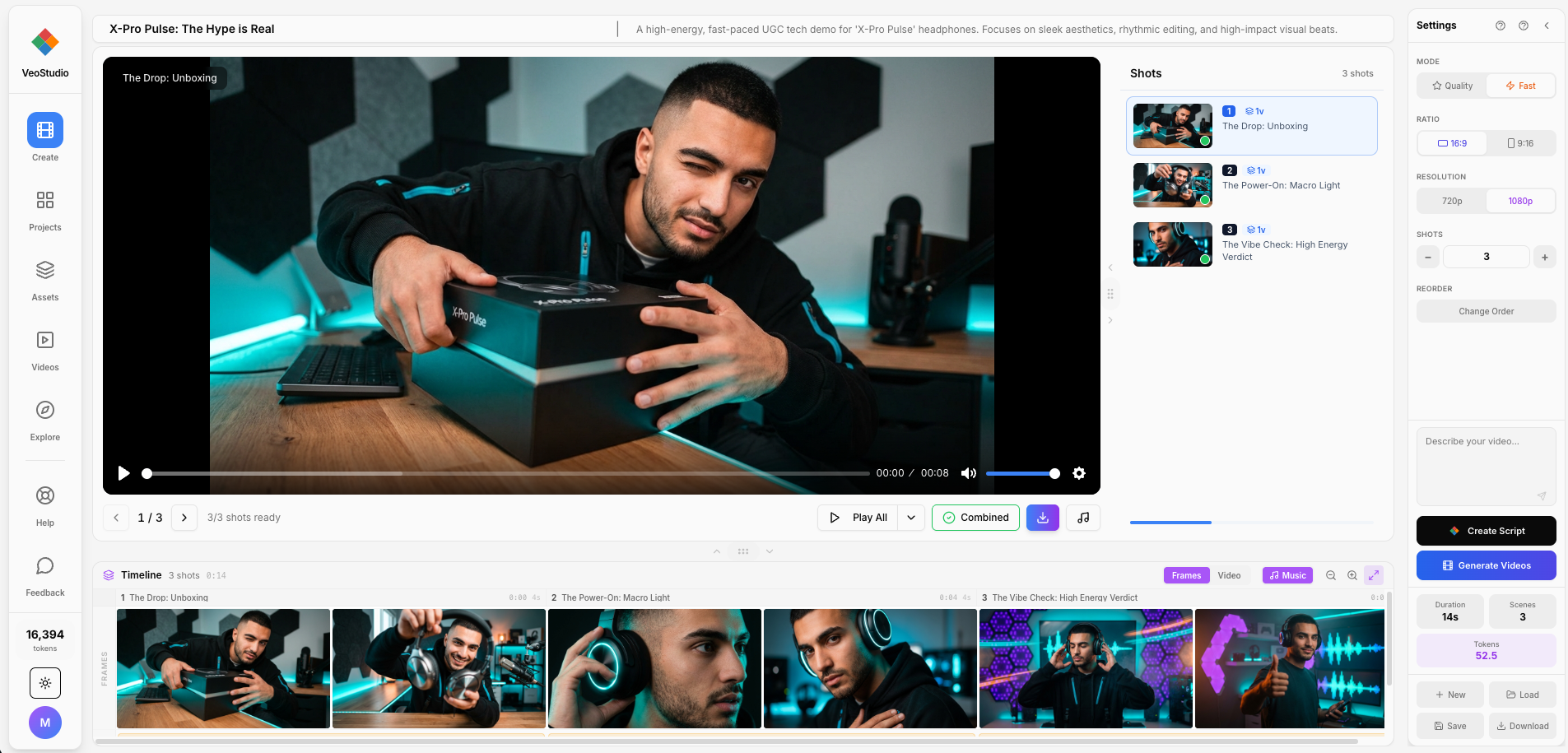 VeoStudio shot review: video player, shot list, per-shot settings and the production timeline